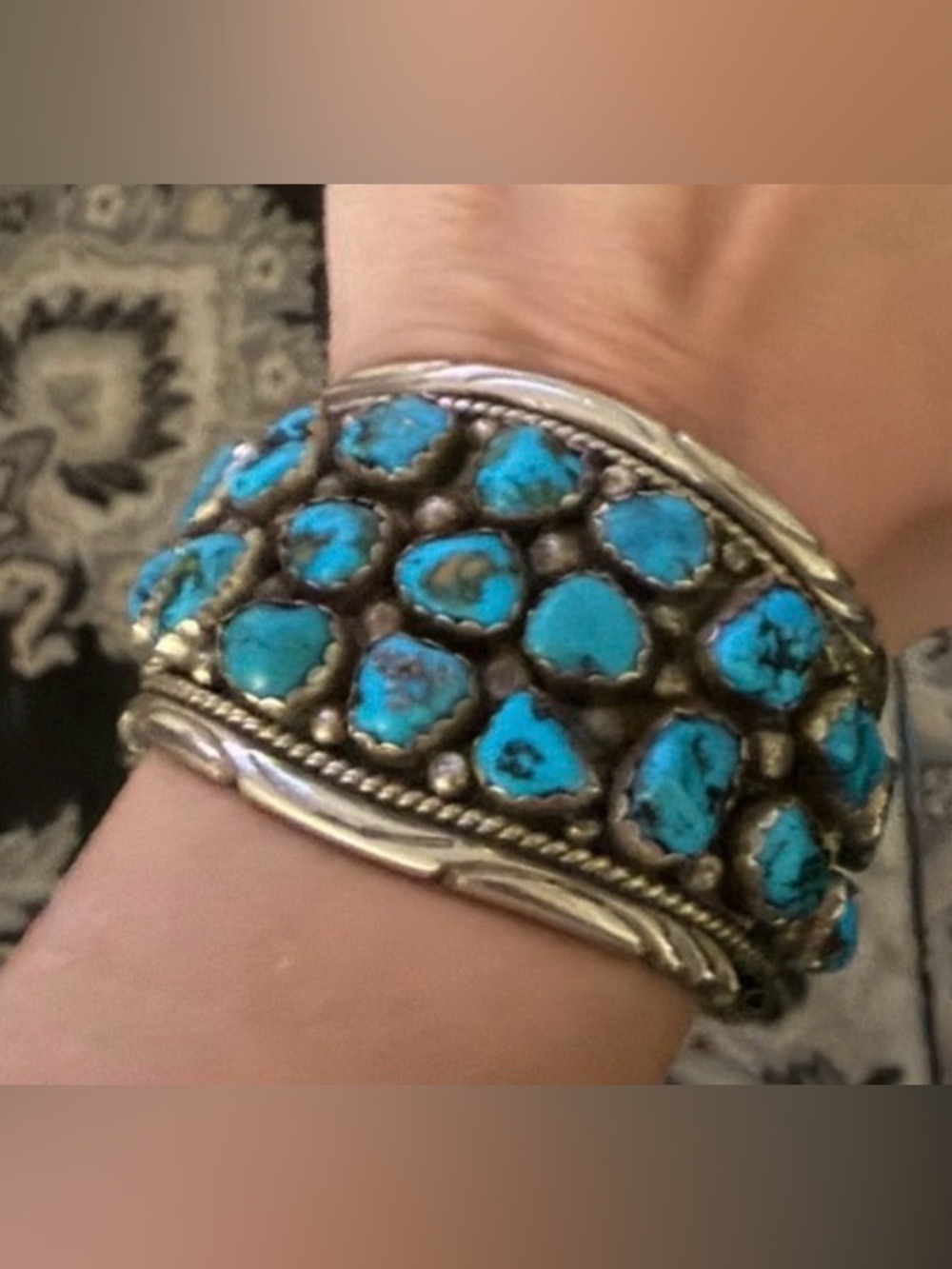 Massive Vintage Navajo Nugget Turquoise Sterling Silver Cuff Bracelet 66 Grams - Picture 8 of 9